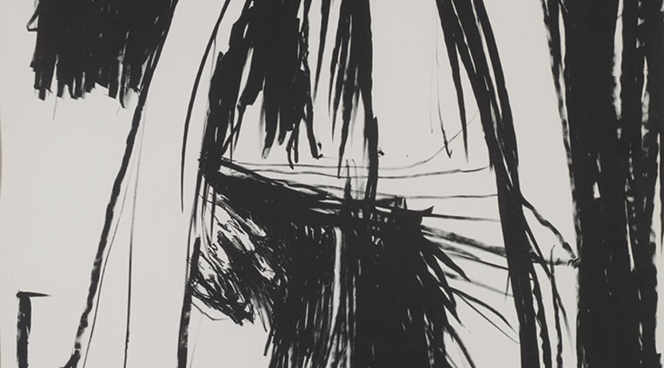 Black-and-white ink drawing of a tall, ghostlike figure with long flowing lines suggesting draped fabric or hair. The figure has a haunting, hollow-eyed face and stands against a stark, abstract background with bold black brushstrokes. The composition conveys a sense of mystery and intensity